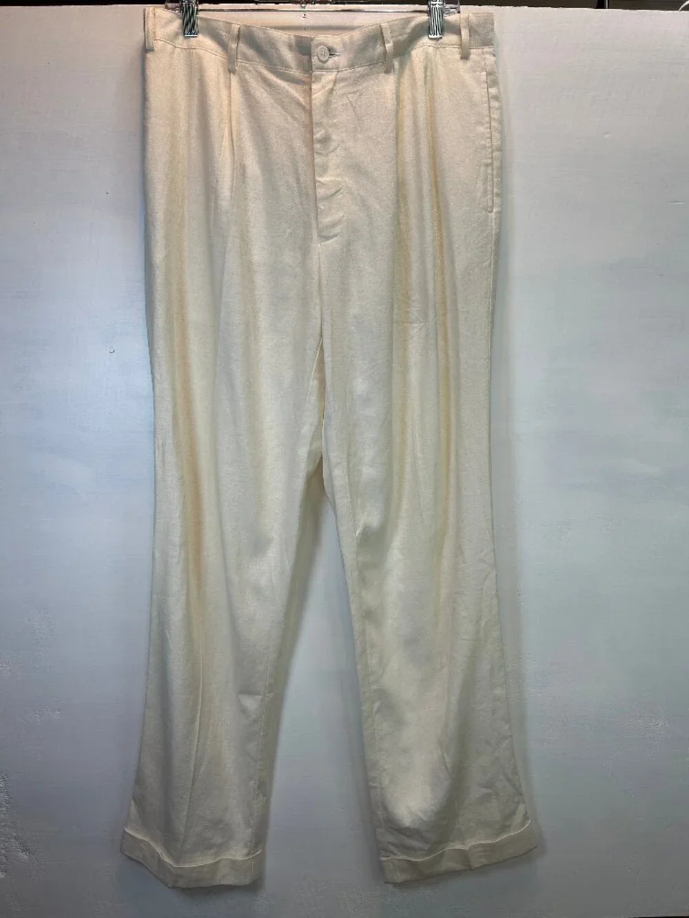 Alan Flusser 36x32 100% Linen Ivory Wide Leg Pants Old Money Coastal Grandpa